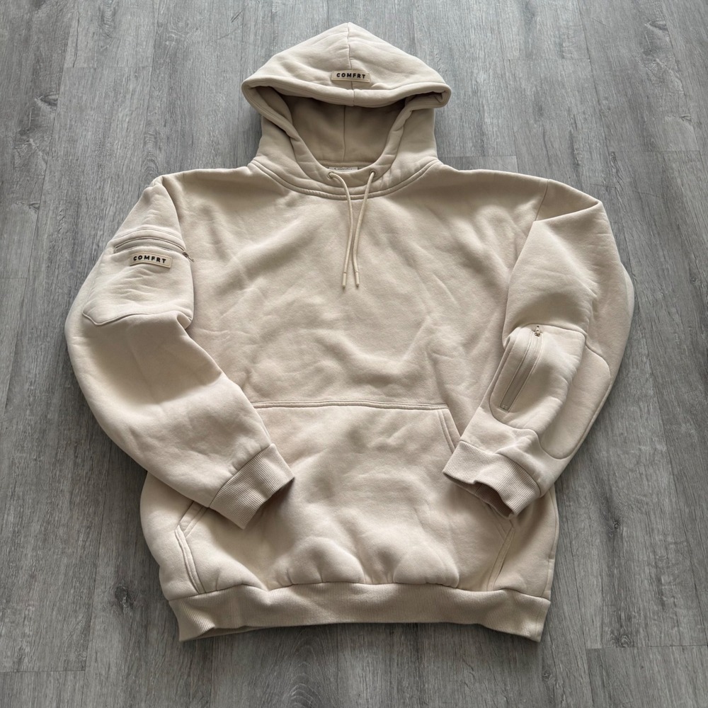 Comfrt Weighted Hoodie Sand Beige Mens Medium Fleece Pullover Sleep Mask Pocket